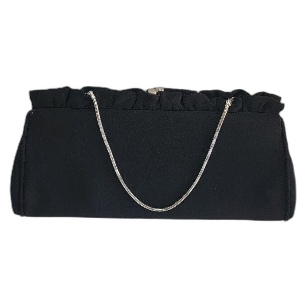 Vintage Satin Evening Clutch Hand Purse Little Black Bag Silver Tone Metal GUC